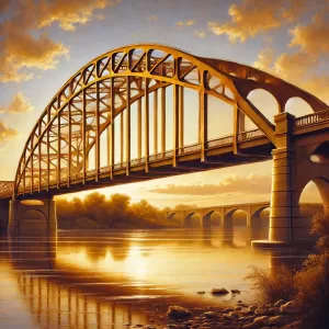 DALL·E 2025-01-30 14.27.33 – A realistic painting of the Edmund Pettus Bridge in Selma, Alabama. The bridge has its iconic steel arch and is depicted during a sunset, with warm go